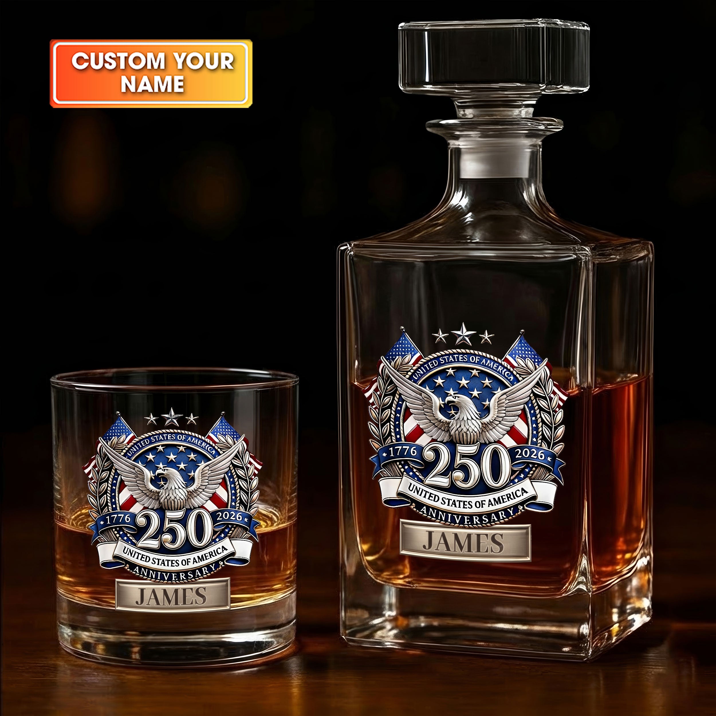 250th Anniversary 1776-2026 Whiskey Decanter Set, America Patriot Whiskey Glasses, Luxury Whiskey Glass