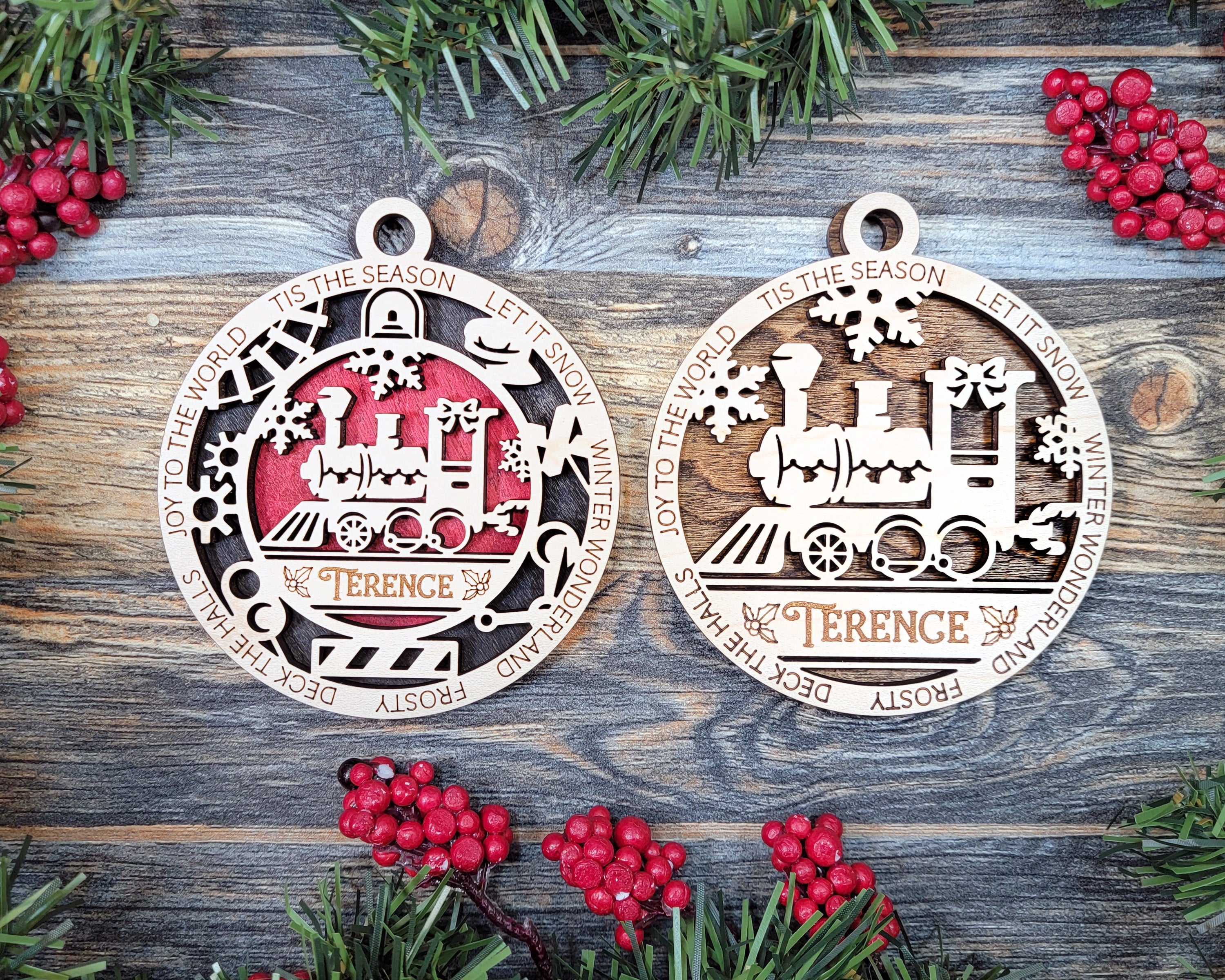 Train Tis The Season Personalized Wood Christmas Ornaments, Christmas Gifts