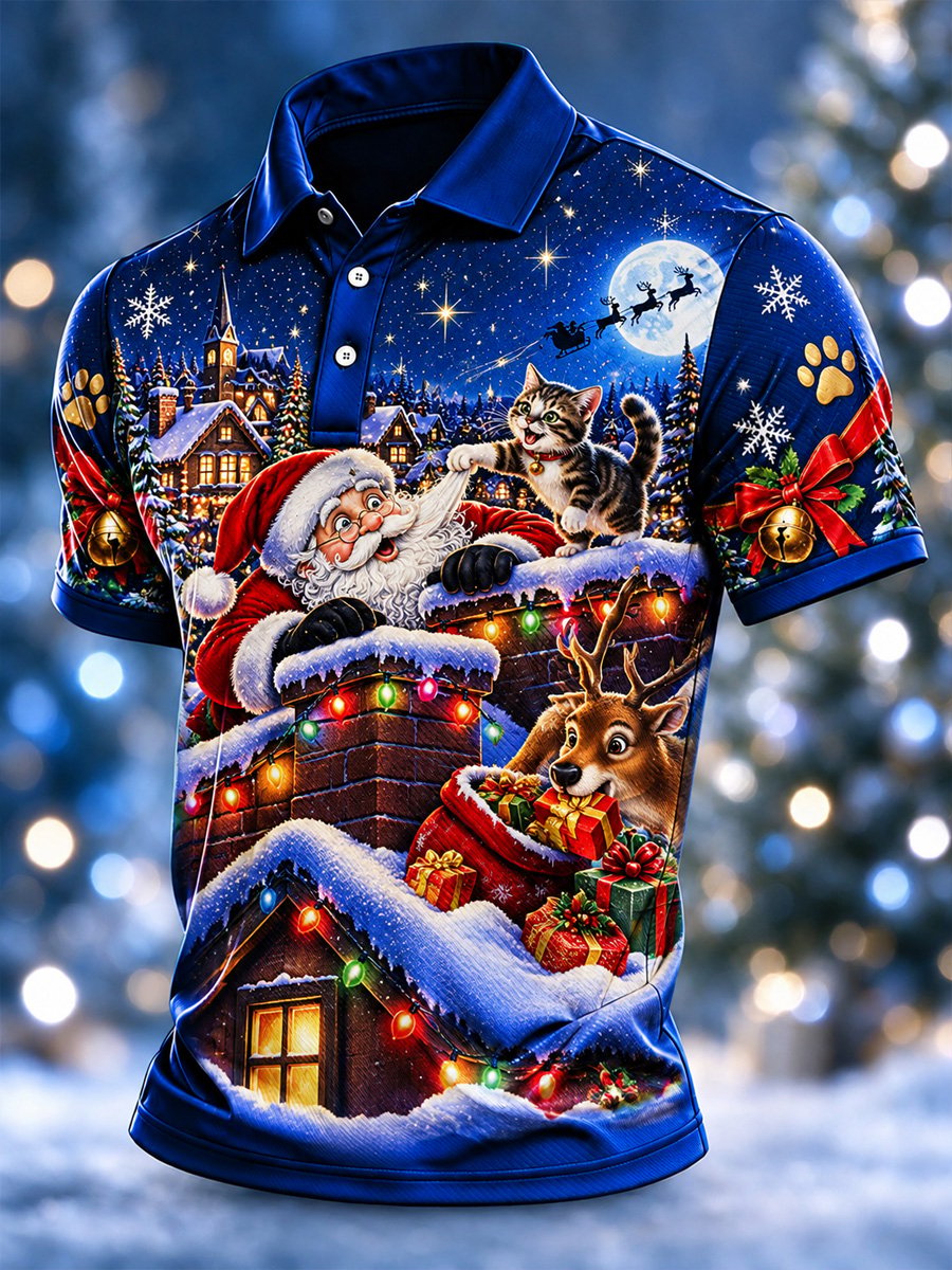 Funny Cat Pulling Santa Beard Christmas Polo Shirt for Men