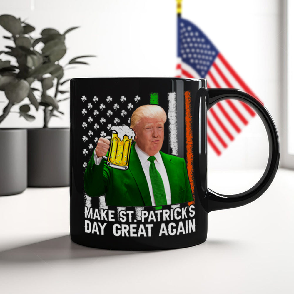 Make St Patrick's Day Great Again Black Coffee Mugs, Trump2024 Humorous Mug, St Patrick's Day Gifts
