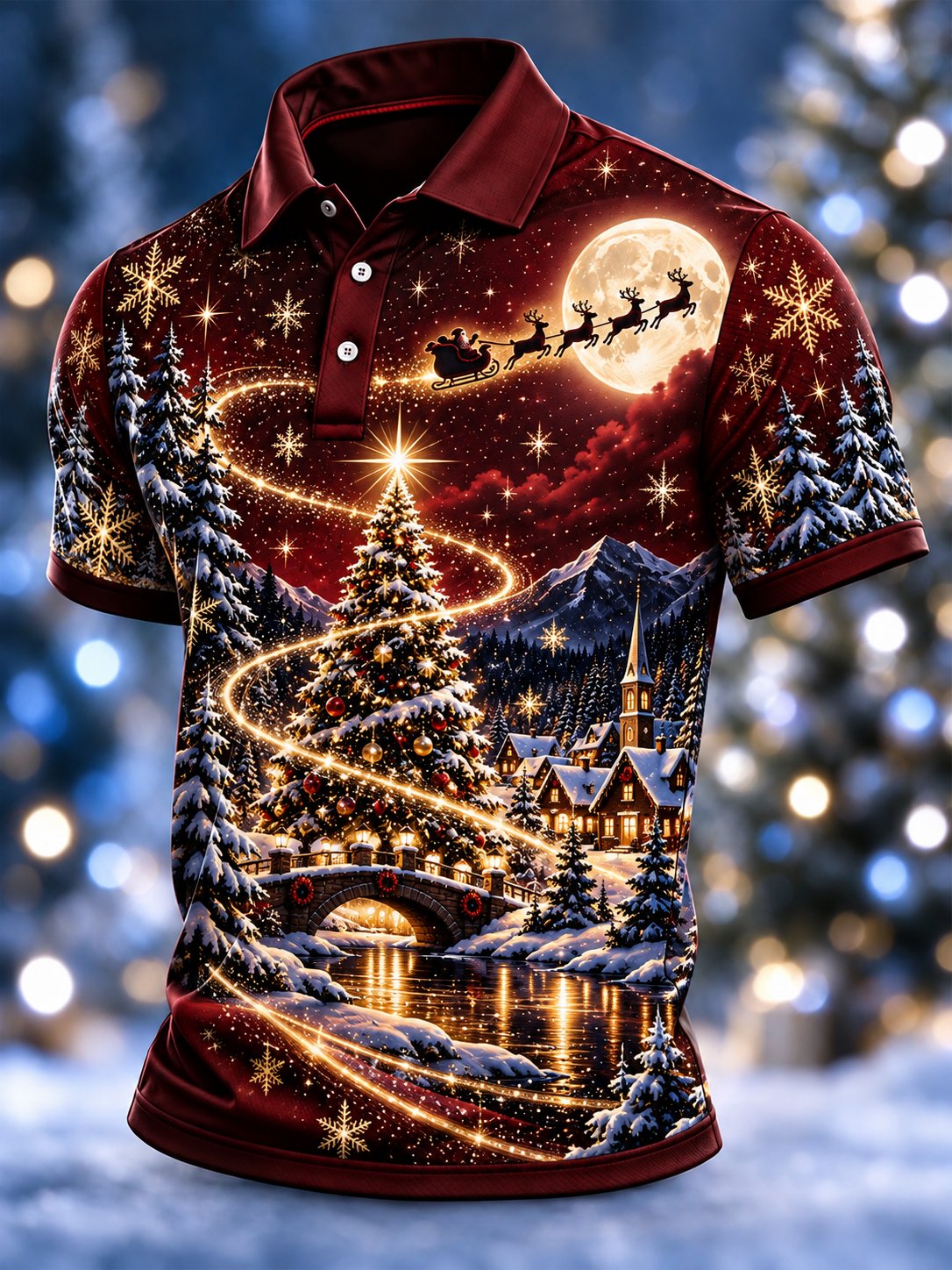 Glowing Christmas Tree Santa Sleigh Polo Shirt for Men