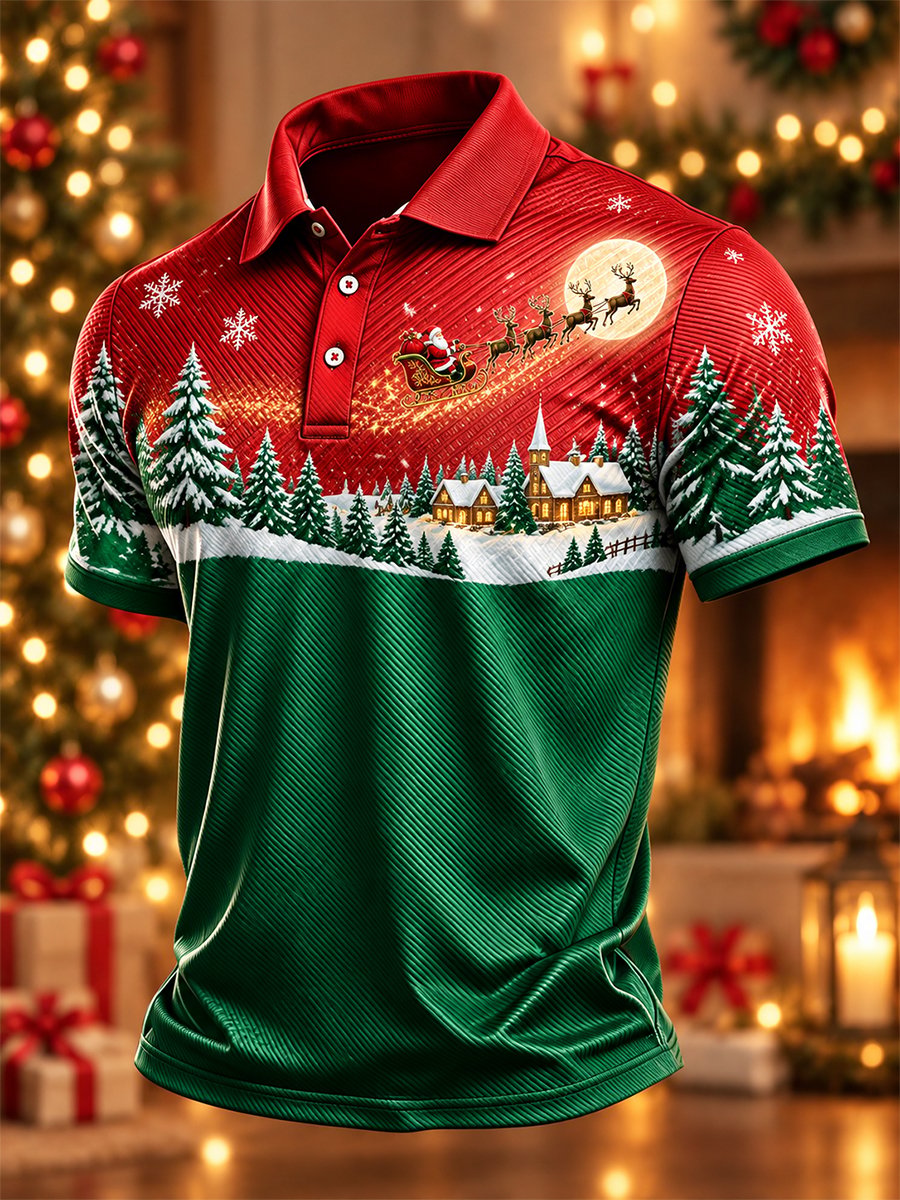 Red Green Santa Sleigh Moon Christmas Polo Shirt for Men