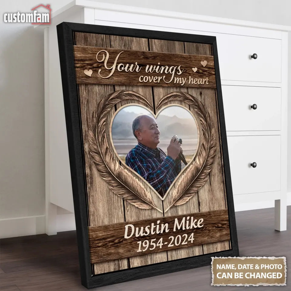 Personalized Photo Canvas Prints, Memorial Gifts, Loss Of Dad Remembrance Gifts, Your Wings Cover My Heart Canvas