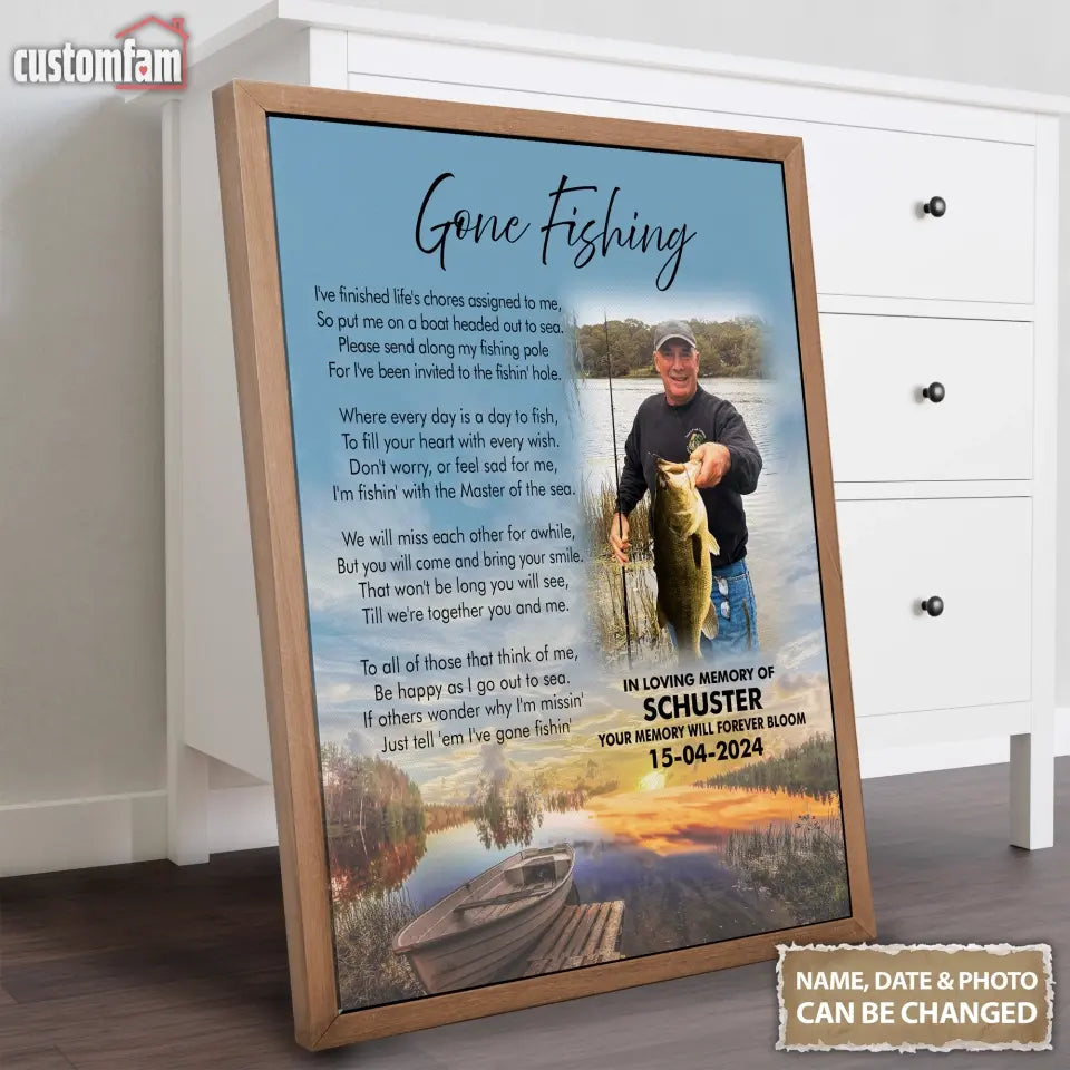 Gone Fishing Personalized Photo Canvas Wall Art, Loss Of Husband Gift, Memorial Gift, Loss Of Dad Gift