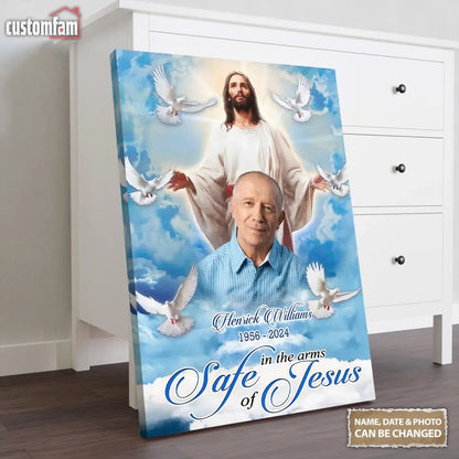 Personalized Photo Canvas Wall Art, Jesus Memorial Gift,  Loss Of Dad, Safe In The Arms Of Jesus