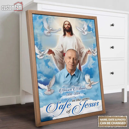 Personalized Photo Canvas Wall Art, Jesus Memorial Gift,  Loss Of Dad, Safe In The Arms Of Jesus