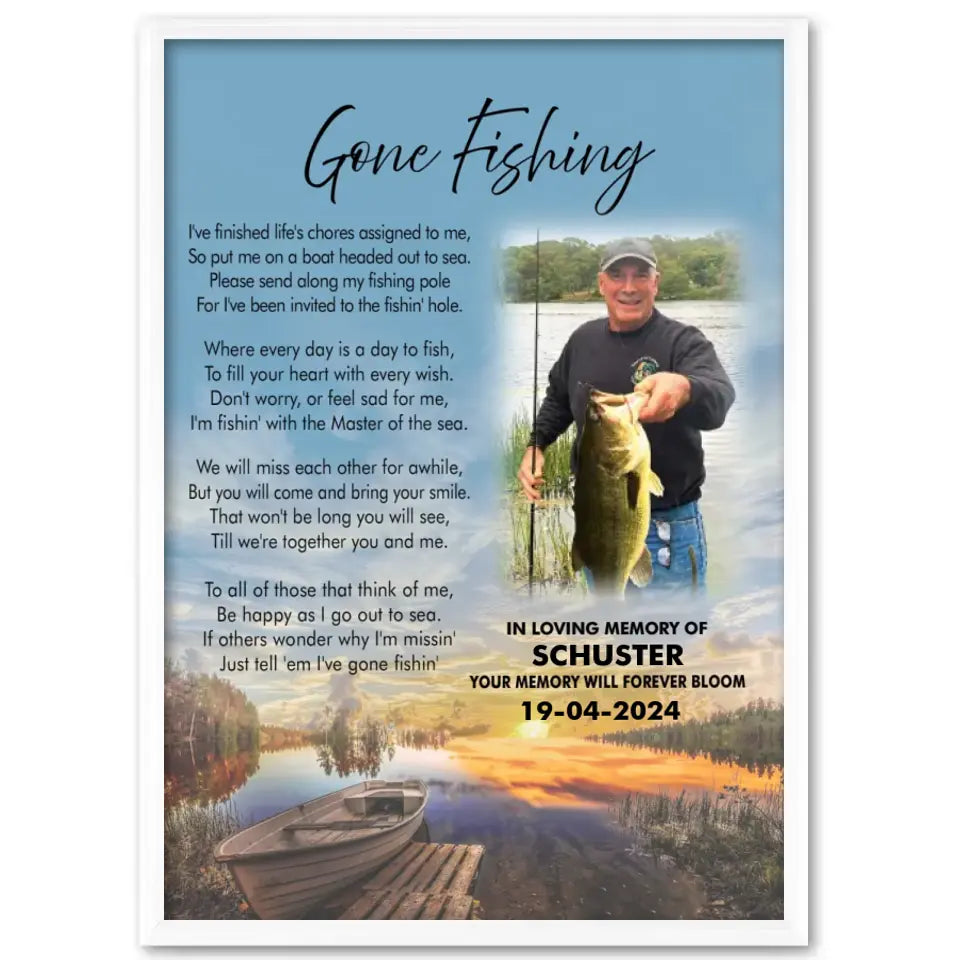 Gone Fishing Personalized Photo Canvas Wall Art, Loss Of Husband Gift, Memorial Gift, Loss Of Dad Gift