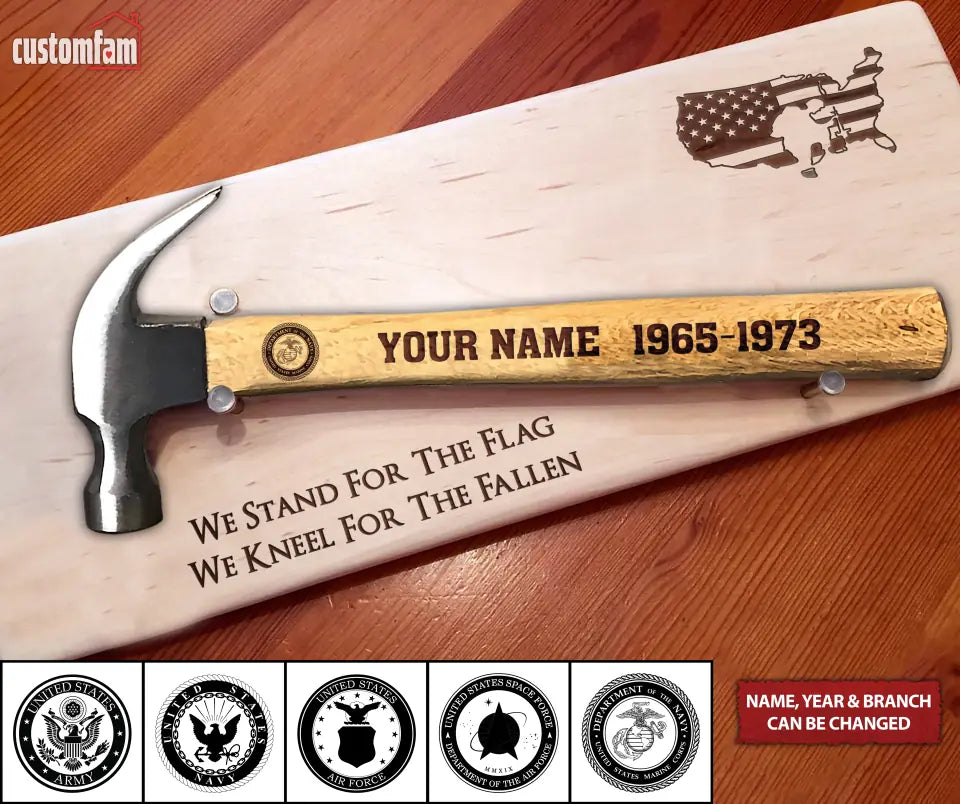 We Stand For The Flag We Kneel For The Fallen Personalized Engraved Hammer with US Flag, Framing Hammer, Veteran Gift For Dad