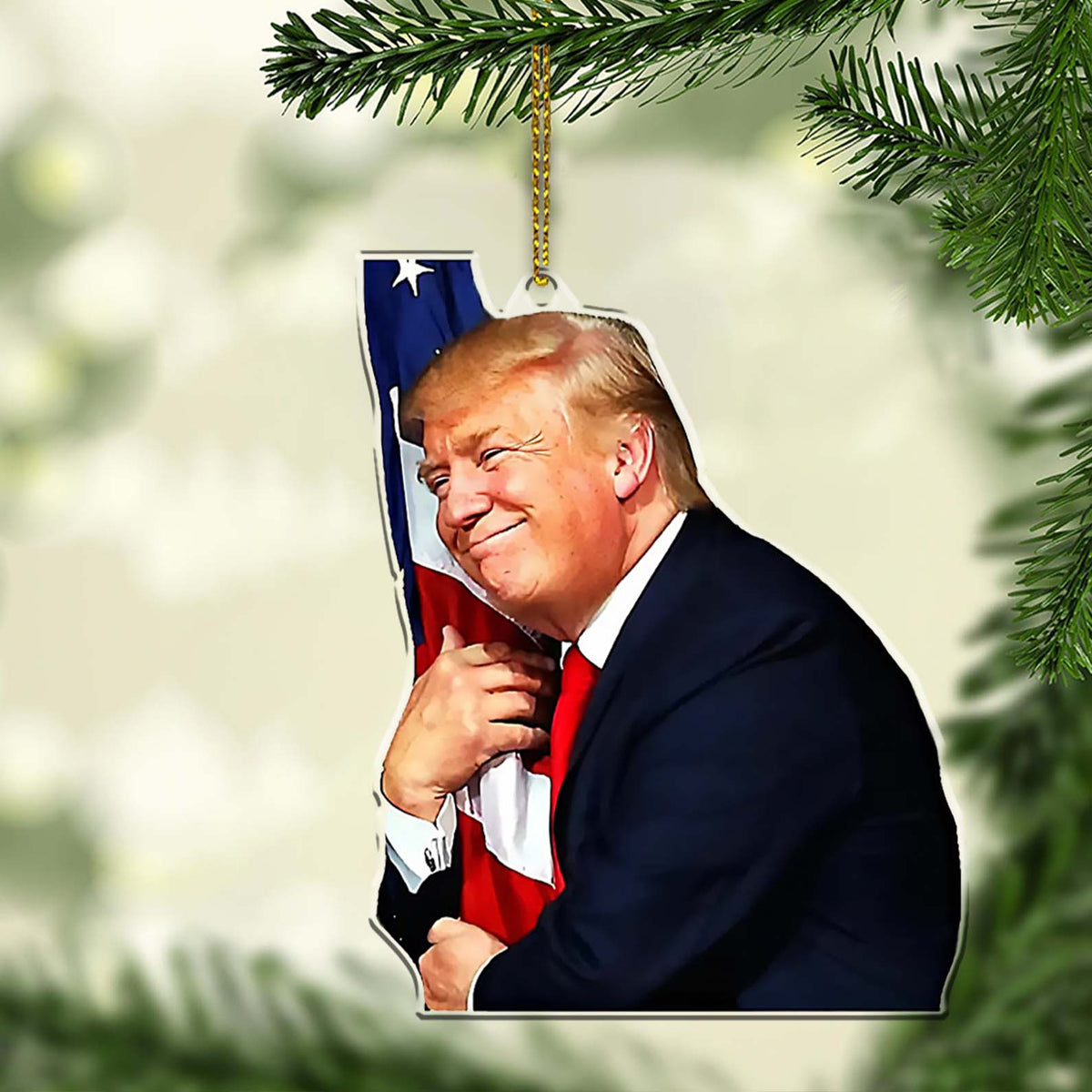 Trump2024 Hugging America Flag Funny Acrylic Christmas Ornament, 47th President Gifts