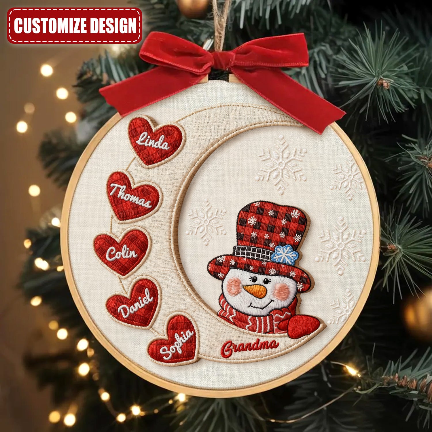 Personalized Grandma Snowman Embroidery Hoop Ornament, Embroidered Ornament, Gift For Grandma