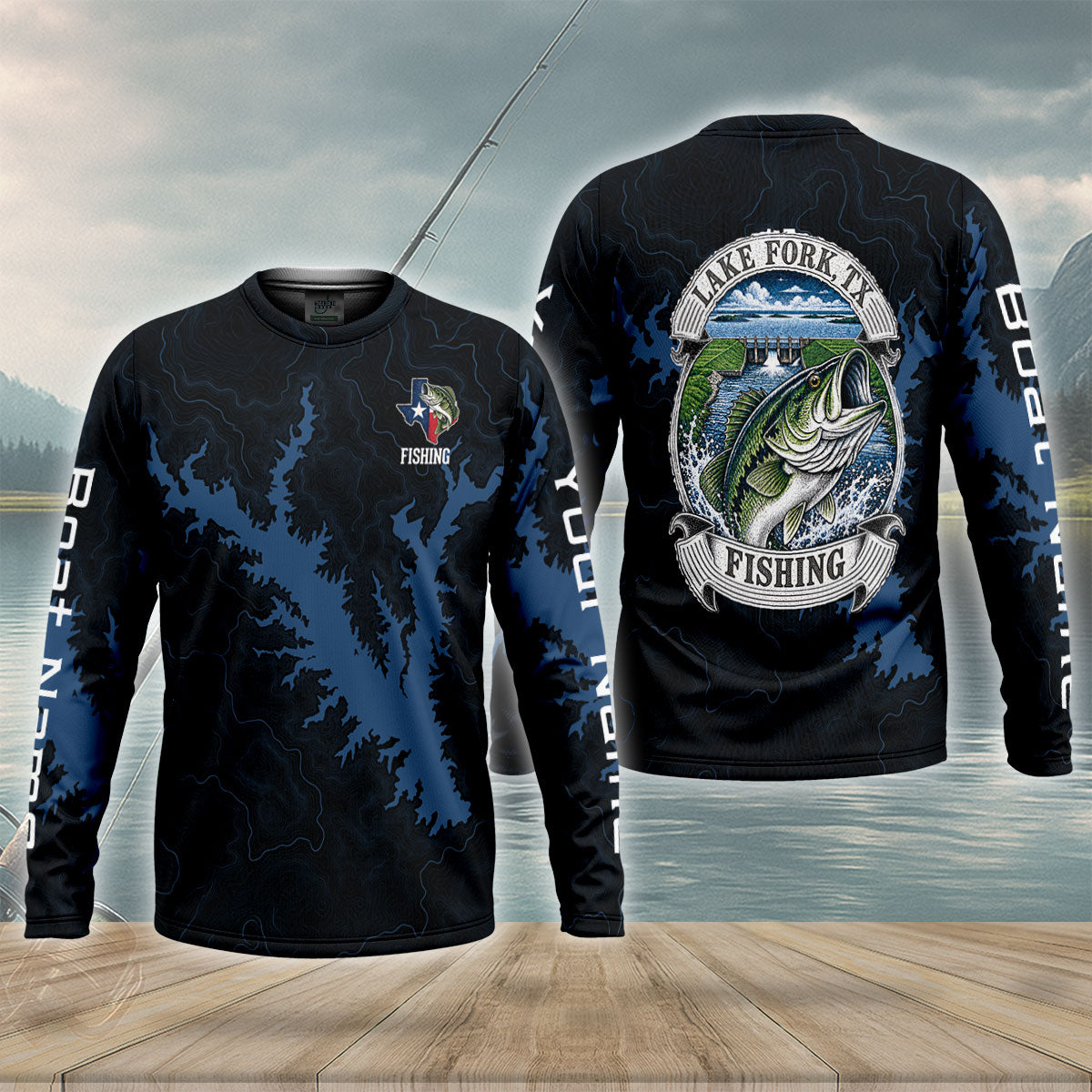 Lake Fork Bass Emblem Map Fishing UPF Shirt, Fishing Sun Shirt, Mens Fishing Apparel