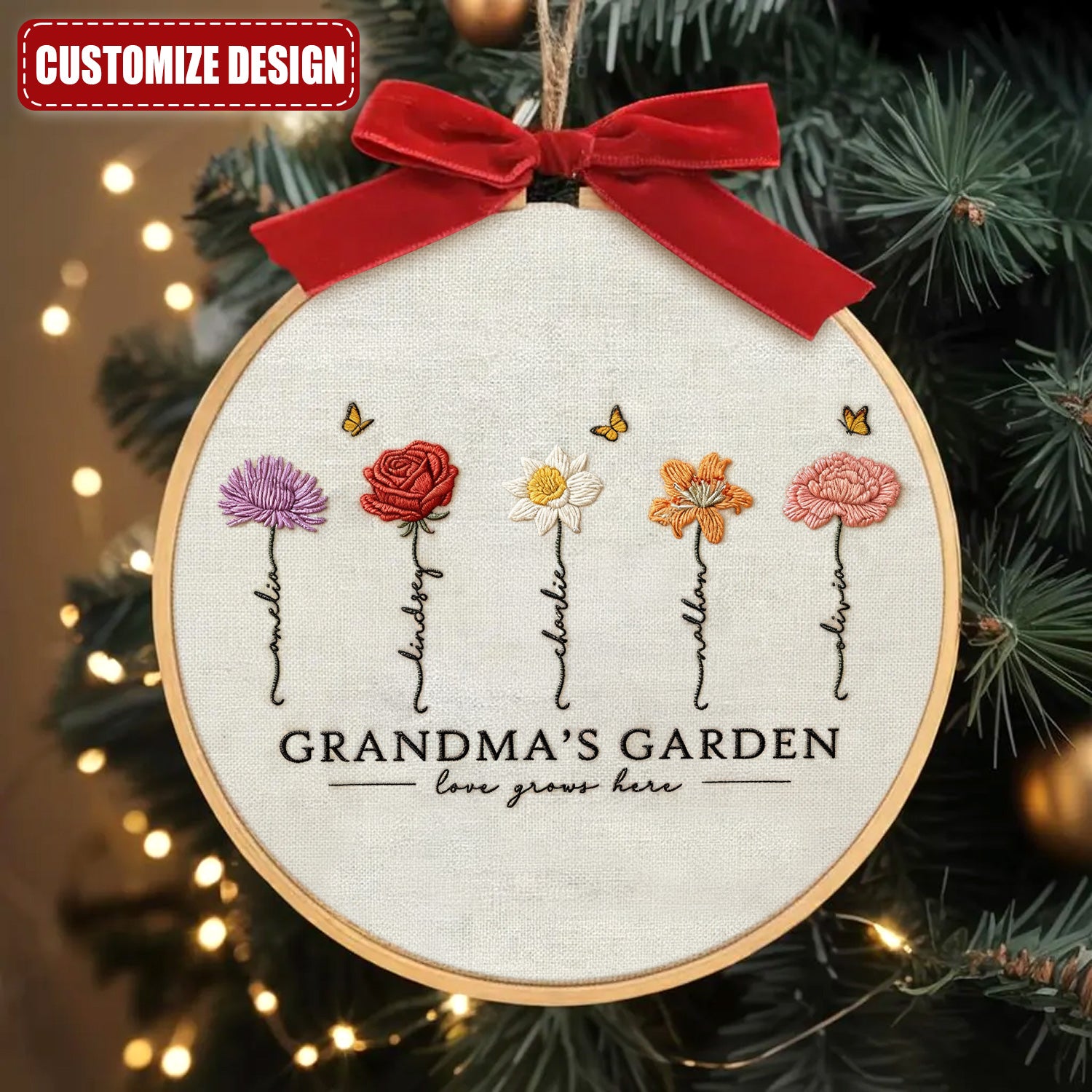 Love Grows Here Custom Name Birth Month Flower Embroidery Hoop Ornament, Family Christmas Gift, Xmas Decor