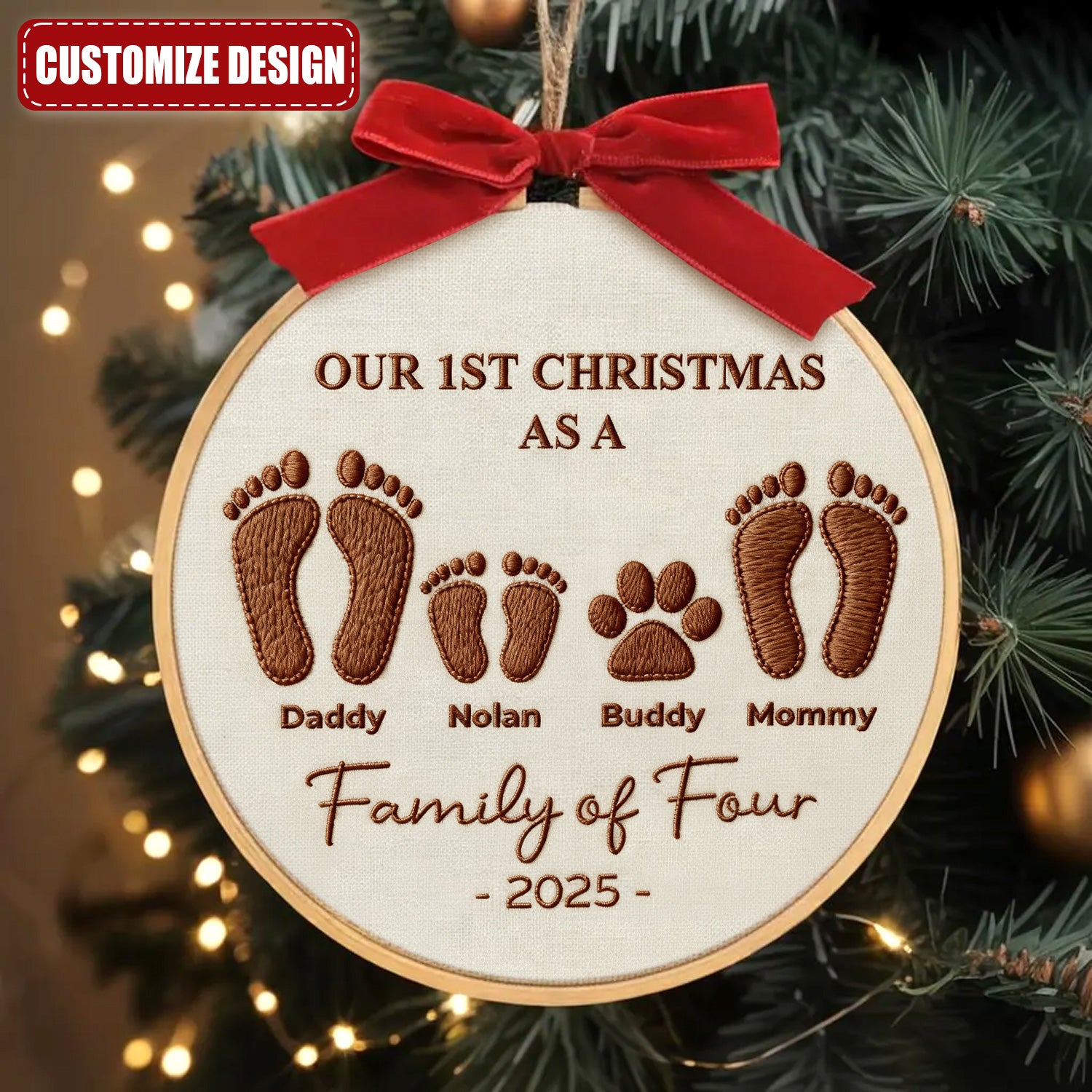 Family First Christmas Footprint Embroidery Hoop Ornament, Embroidered Ornament, Personalized Family Ornament