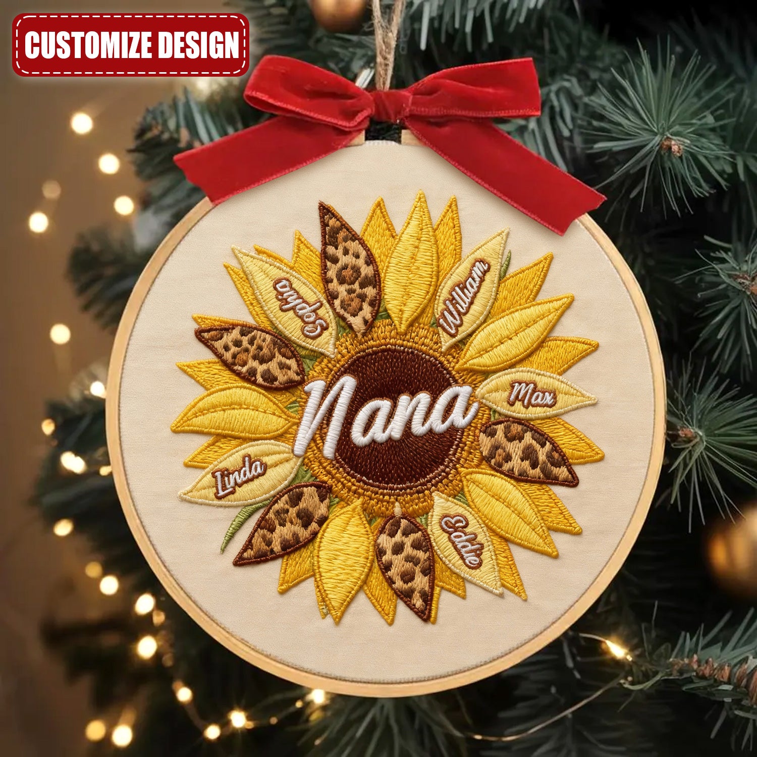 Custom Name Family Sunflower Embroidery Hoop Ornament, Family Christmas Gift, Xmas Decor