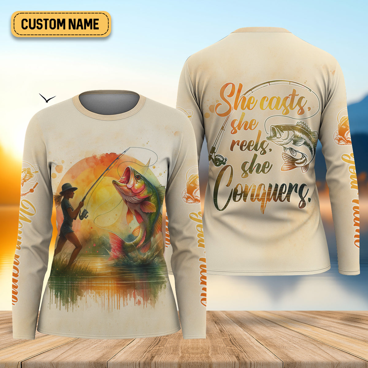 She Casts She Reels She Conquers Fishing UPF Shirts, Funny Fishing Shirt, Women Fishing Shirt