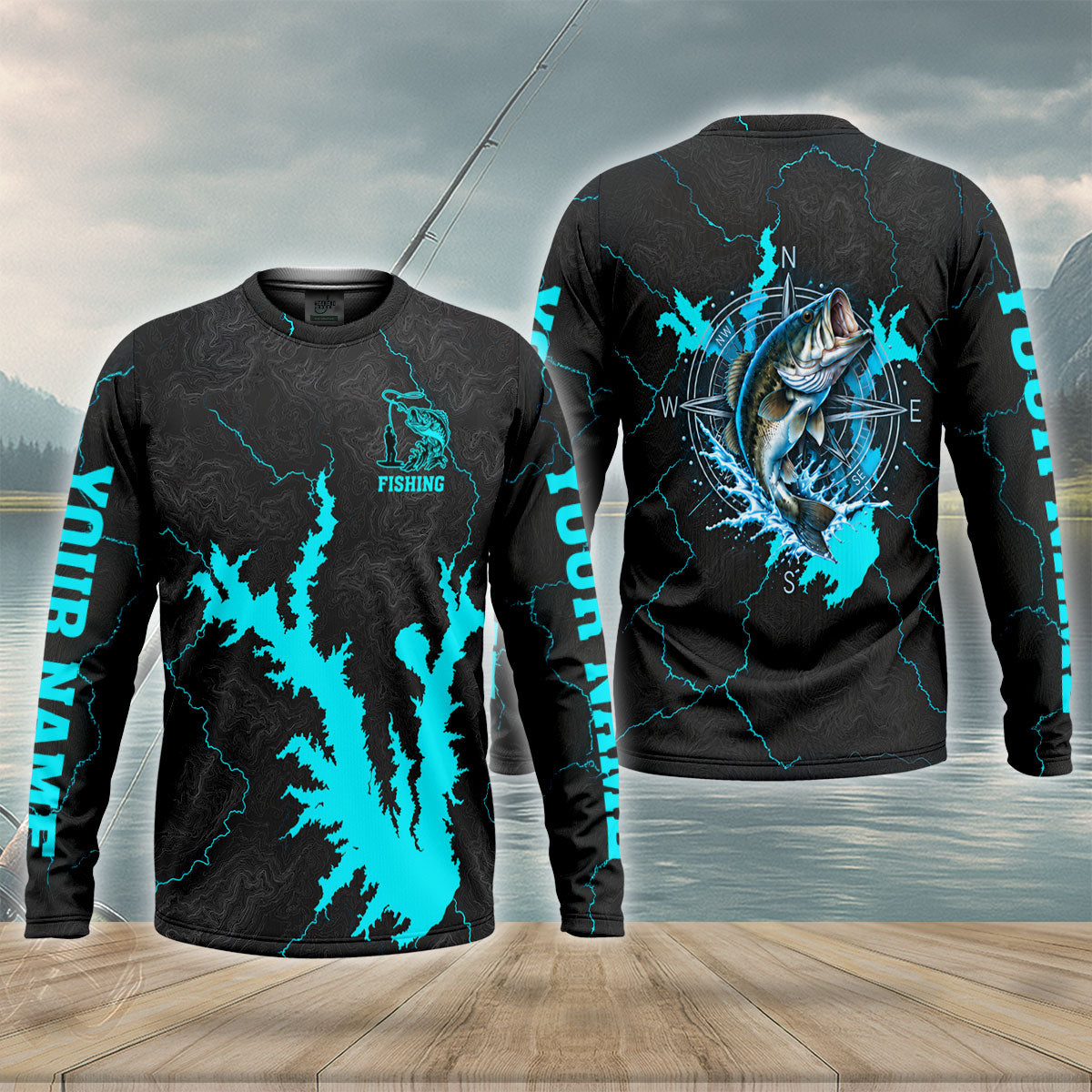 Lake Fork Texas Map Bass Compass Custom UPF Shirt, Fishing Jersey, Mens Fishing Tee