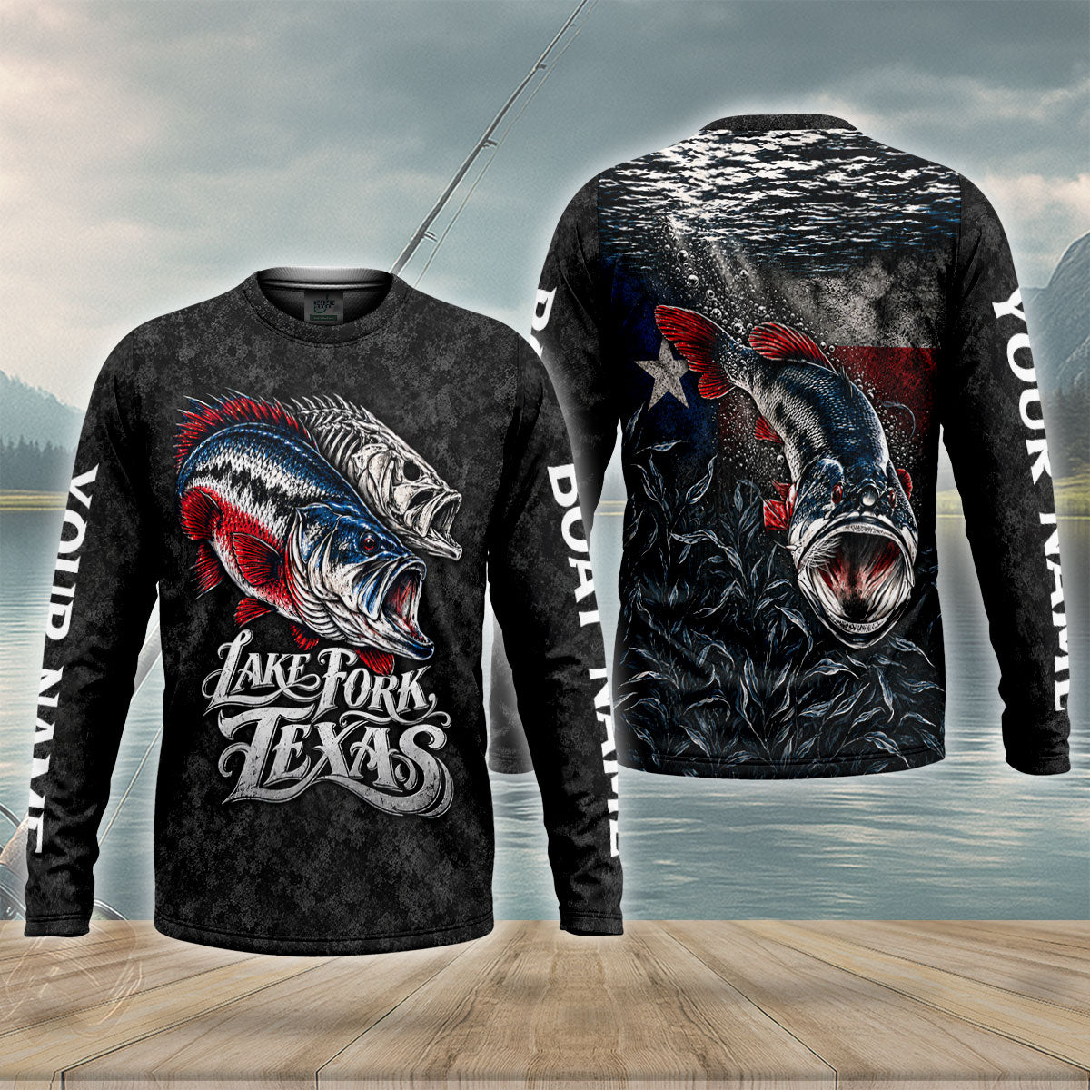 Lake Fork Texas Patriotic Bass UPF Shirt, Long Sleeve Fishing Shirt, Mens Fishing Tee