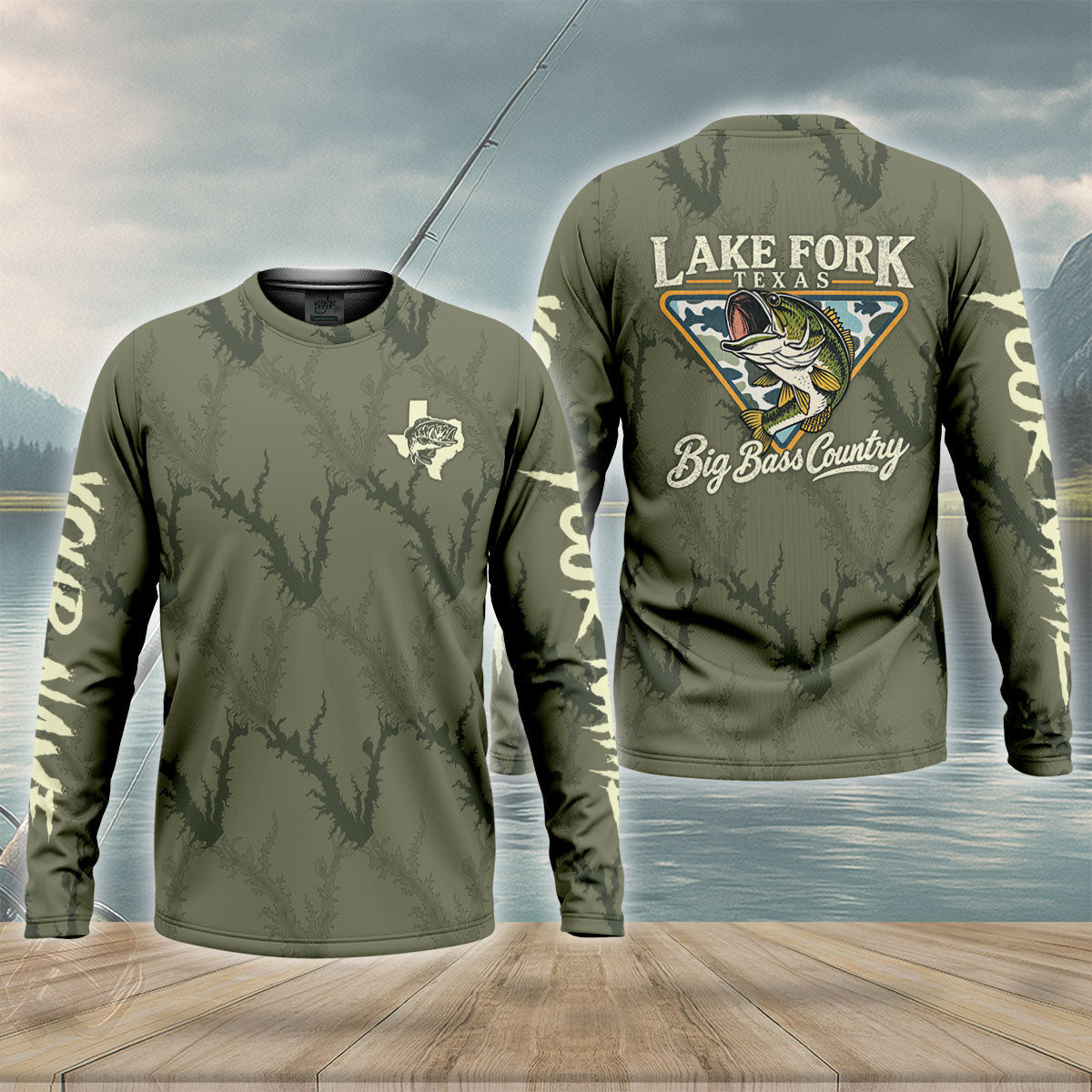 Lake Fork Texas Big Bass Country Map Custom UPF Shirt, Fishing Sun Shirt, Mens Fishing Apparel