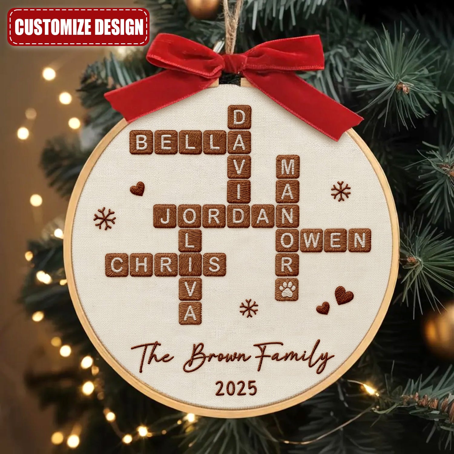 Personalized Family Crossword Puzzle Embroidery Hoop Ornament, Embroidered Ornament, Family Keepsake Christmas Gifts