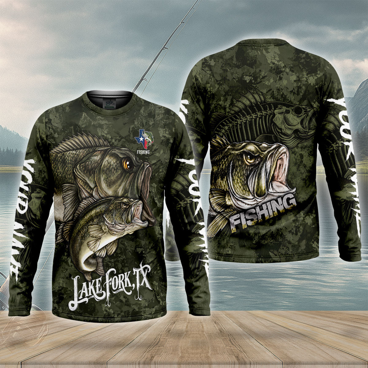 Lake Fork Texas Double Bass Camo UPF Shirt, Performance Fishing Shirt, Fishing Apparel For Men