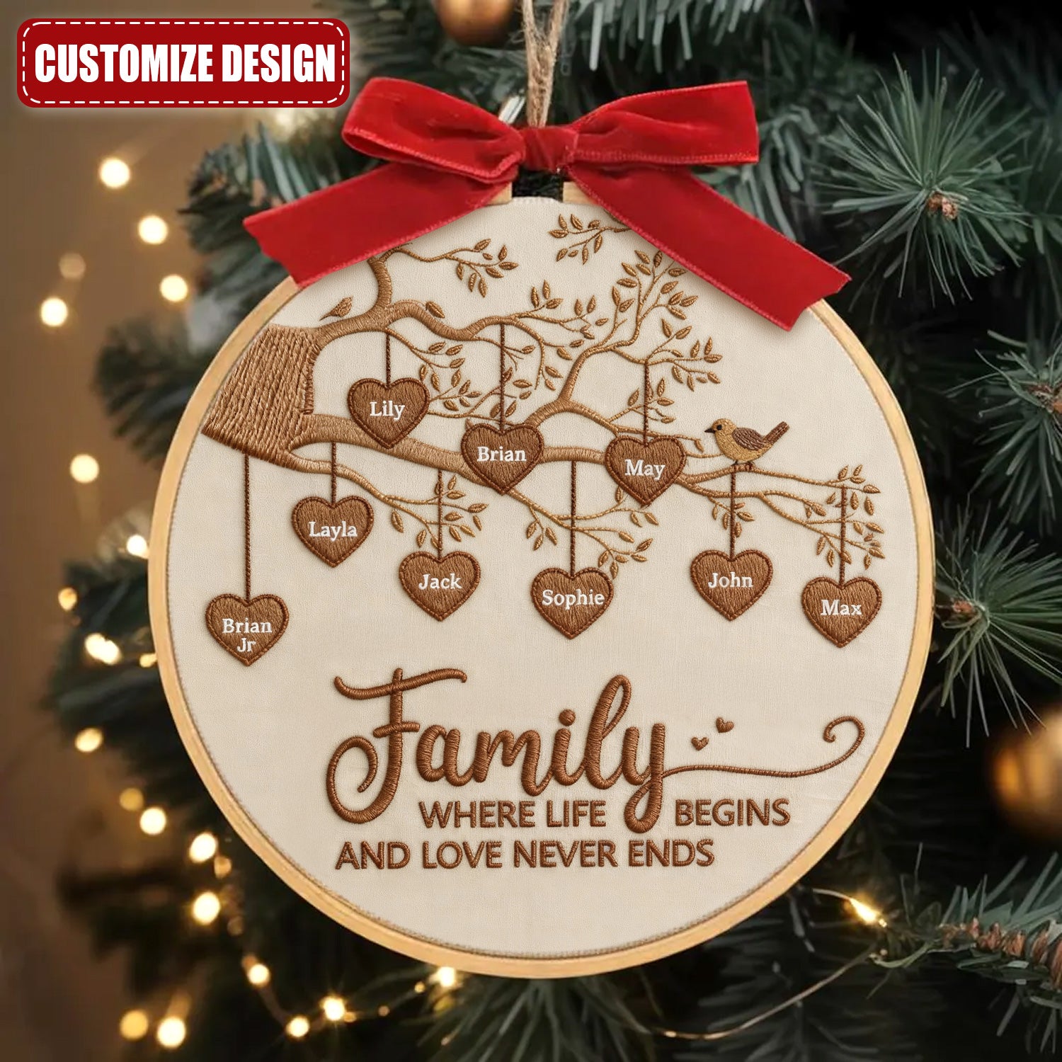 Family Where Life Begins Embroidery Hoop Ornament, Family Tree Ornament, Family Christmas Gift
