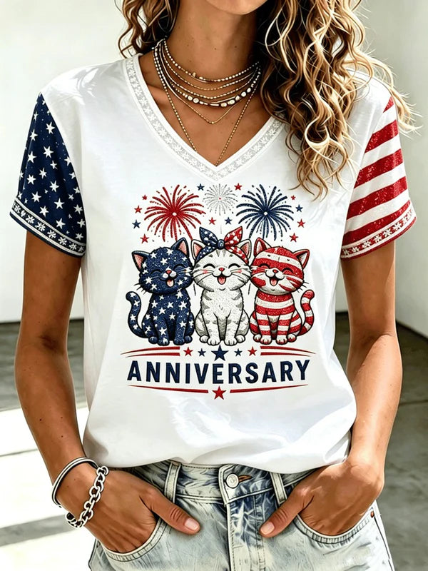 Patriotic Three Cats Anniversary V-Neck T-Shirt, 4th Of July Shirt, USA Flag Shirt