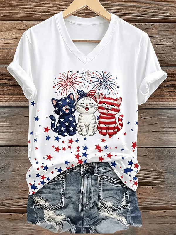 Patriotic Three Cats Fireworks Stars V-Neck T-Shirt, 4th Of July Shirt, USA Flag Shirt