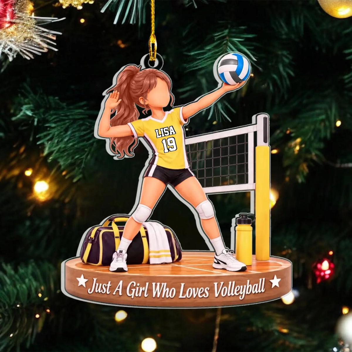 Cô gái chơi bóng chuyền cạnh lưới, túi thể thao; quote Just A Girl Who Loves Volleyball