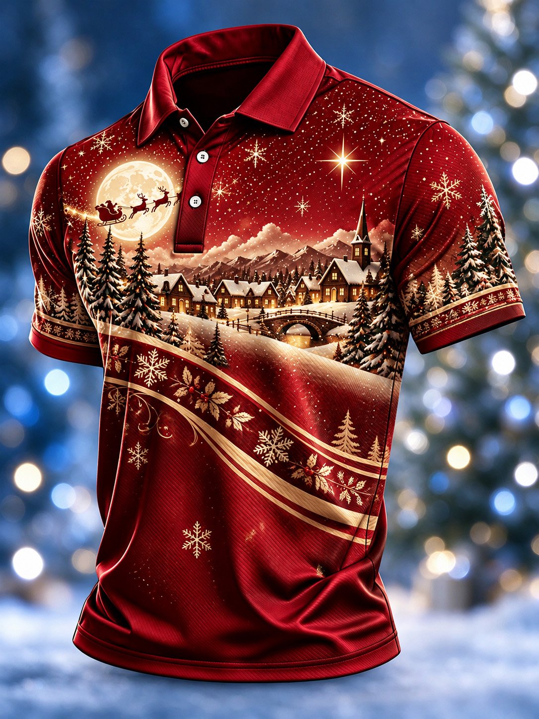 Red Gold Santa Sleigh Village Christmas Polo Shirt for Men