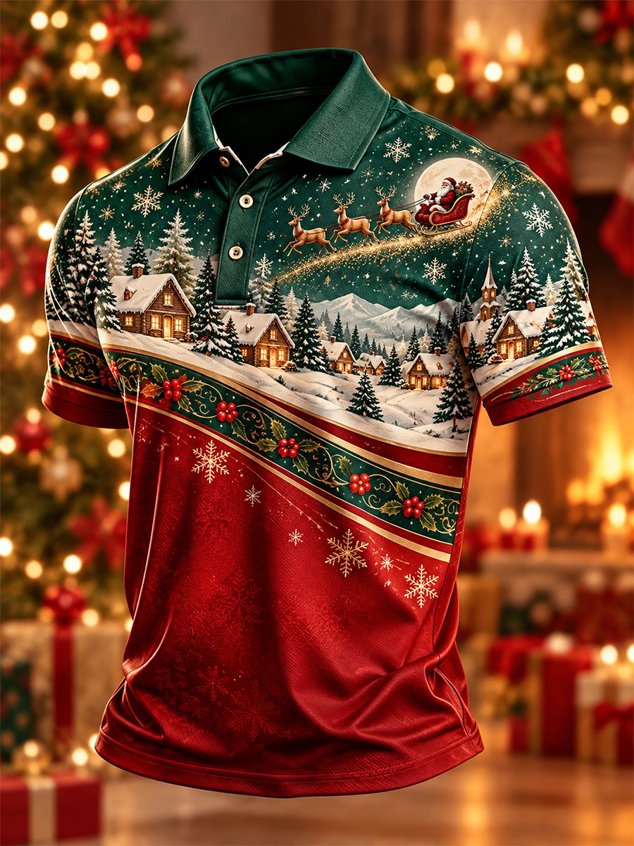 Santa Sleigh Snowy Village Christmas Polo Shirt for Men