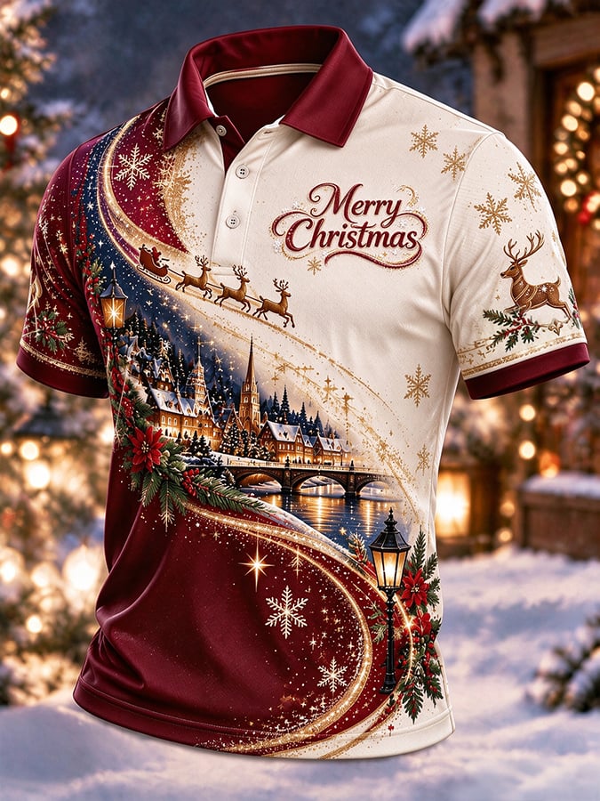 Merry Christmas Reindeer Sleigh Polo Shirt for Men