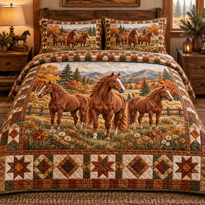 Chestnut Horse Autumn Meadow Patchwork Quilted Bedding Set