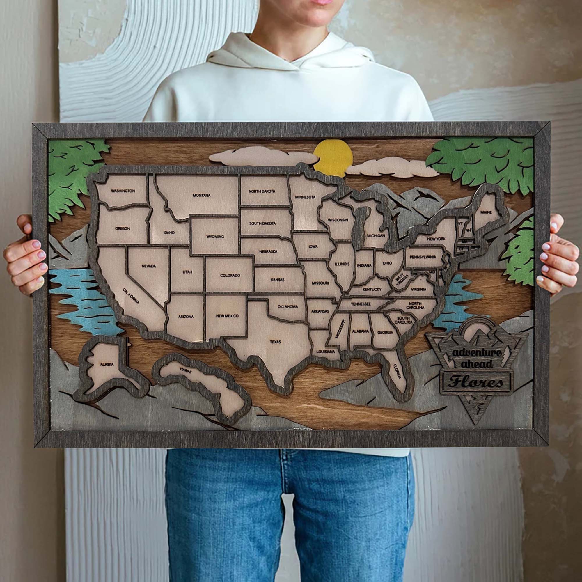 Personalized Wood US Travel Map, Lake Travel Map Tracker, Road Trip Tracker, Gift for Travelers