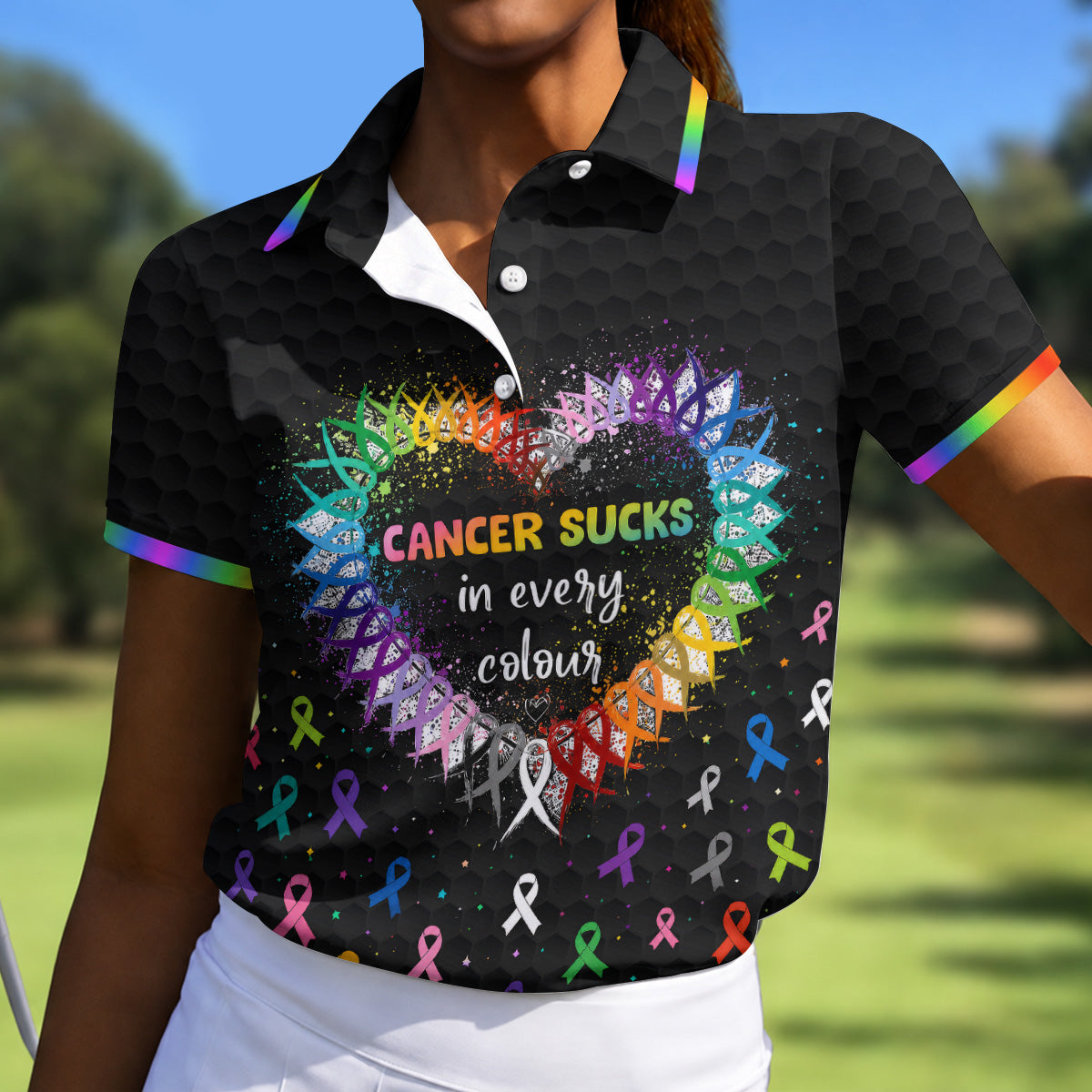 Cancer Sucks In Every Colour Awareness Ribbon Golf Polo Shirt, Golf Tops For Women