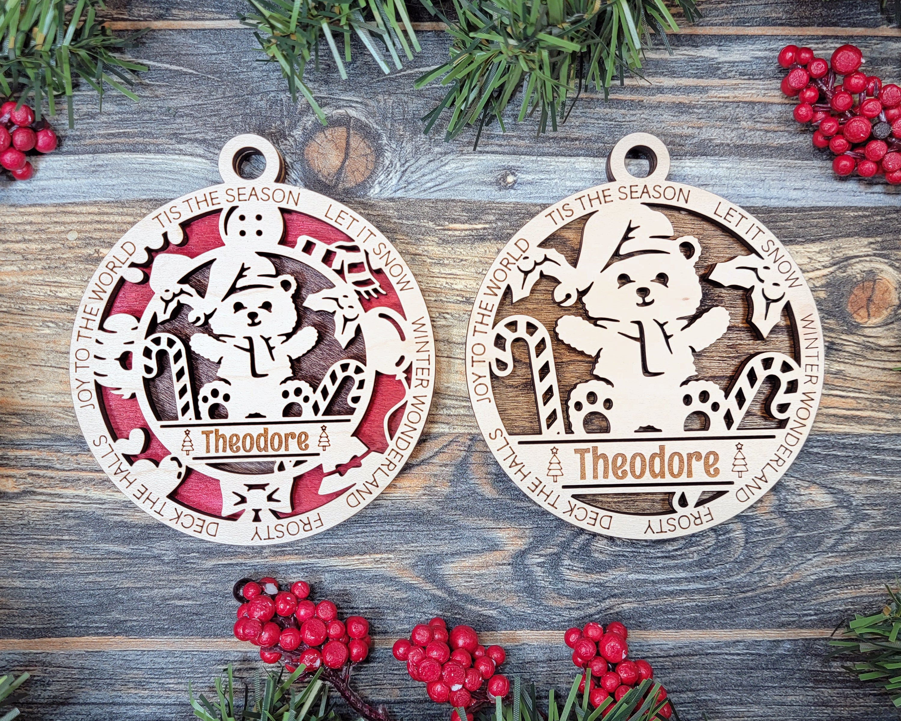 Teddy Bear Tis The Season Personalized Wood Christmas Ornaments, Christmas Gifts