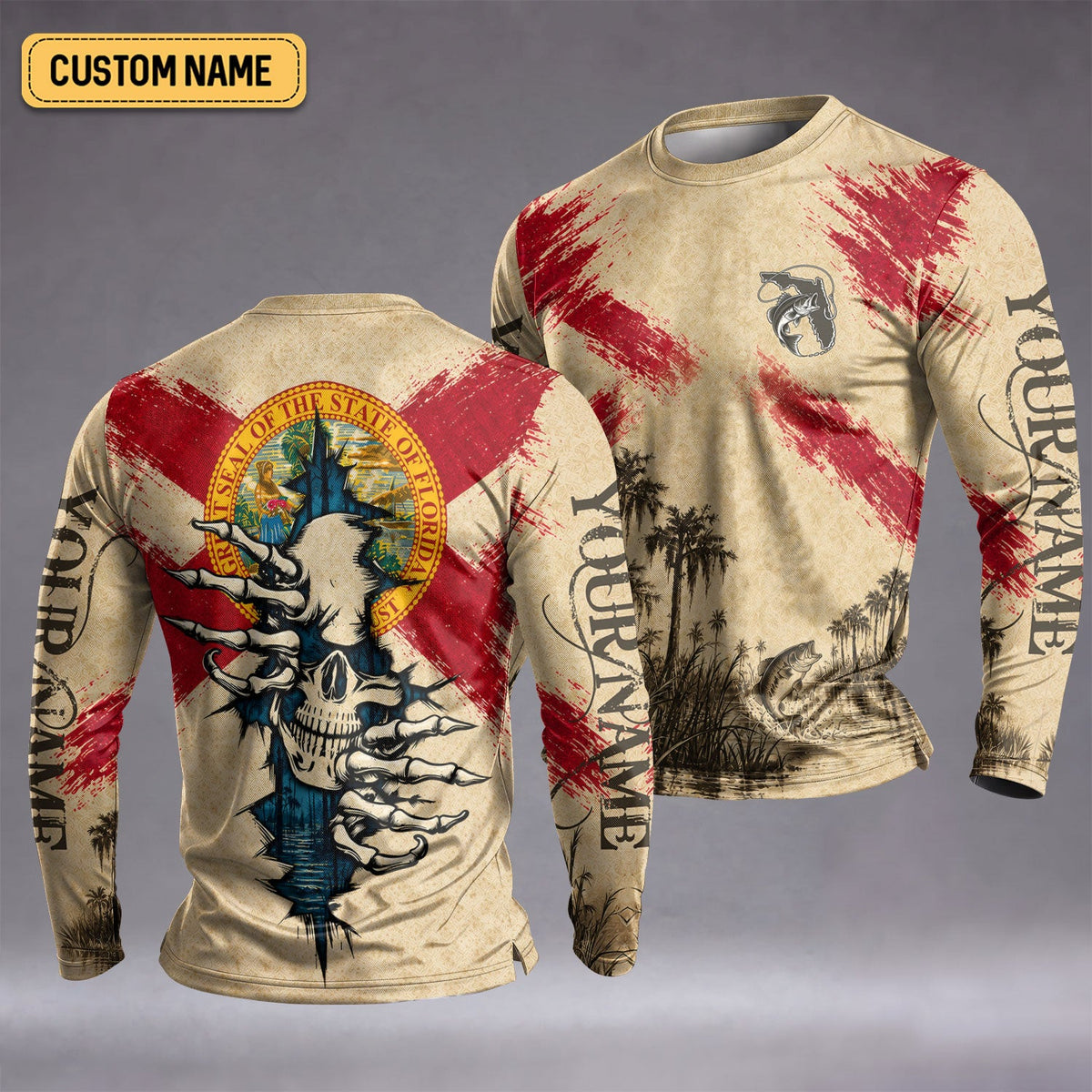 Florida Skull Bass Fishing Custom UPF Shirt, Long Sleeve Fishing Shirt, Mens Fishing Tee