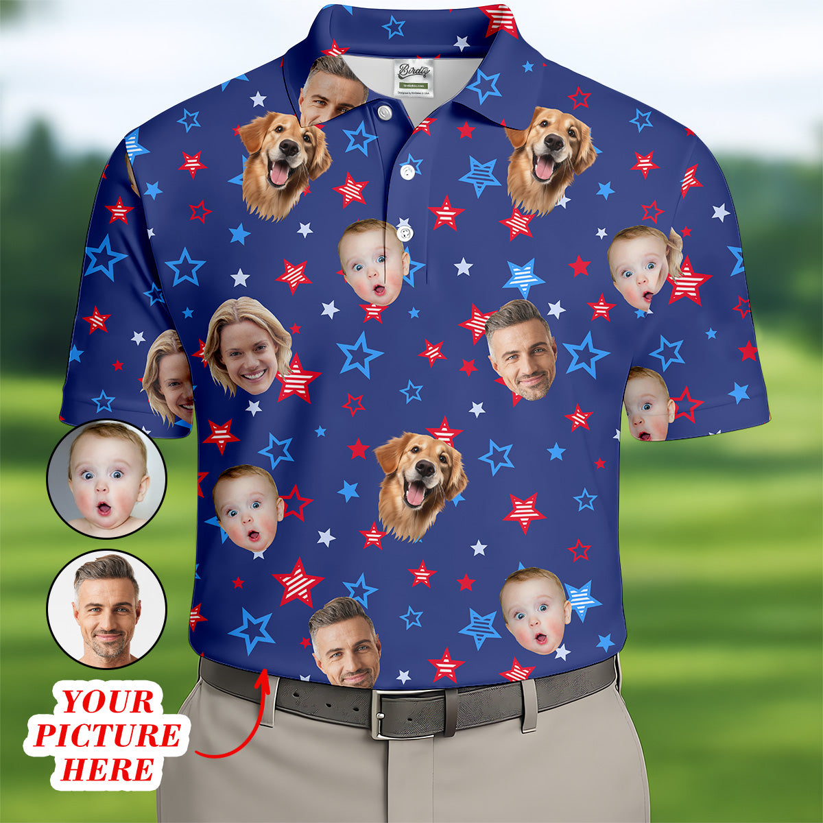 Custom American Flag Shirts With Faces, Men's Fourth Of July Shirt, Men's Golf Polo Shirt, USA Golf Shirt