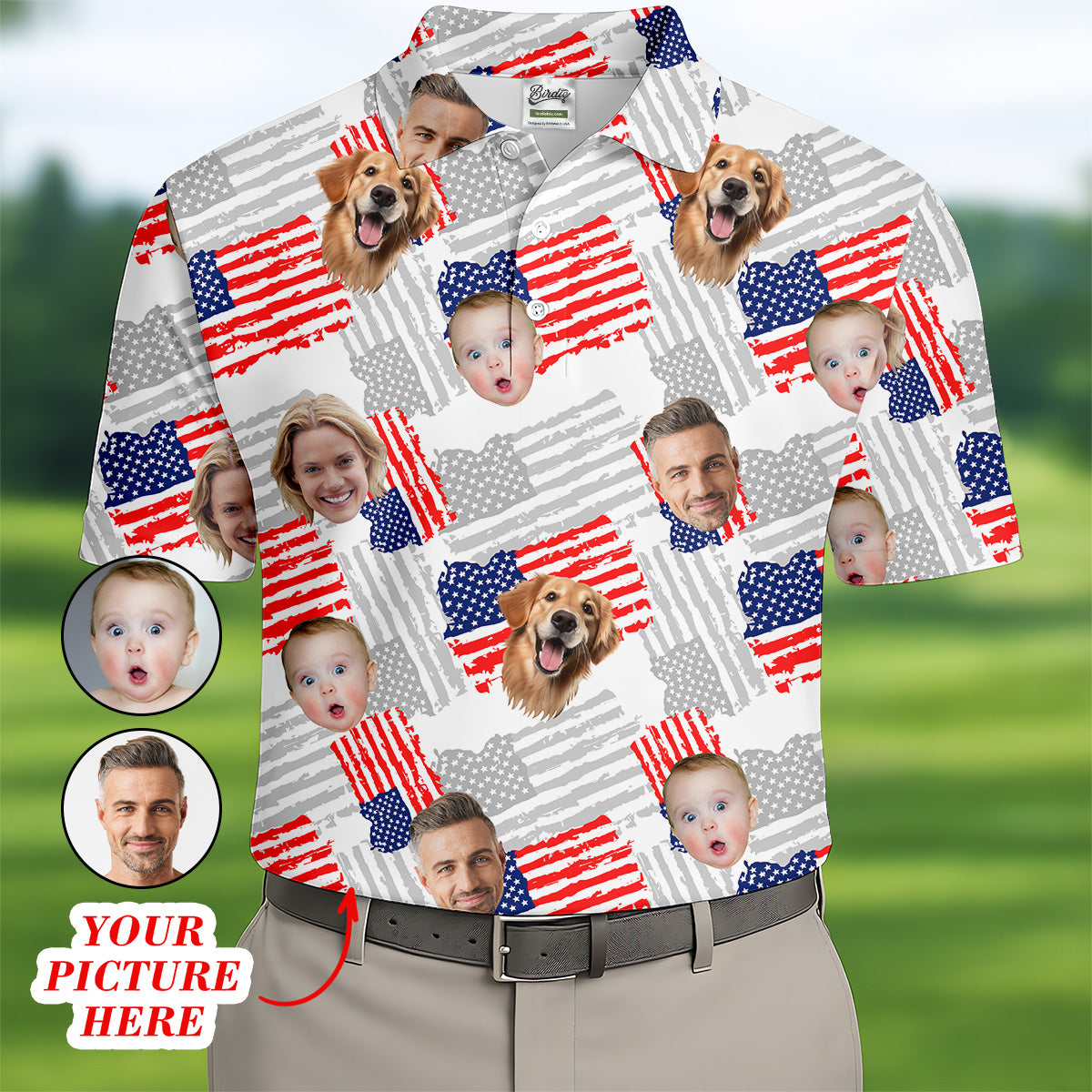 Custom American Flag Shirts With Faces, Funny 4th Of July Shirt, USA Golf Shirt, Men's Golf Polo Shirt