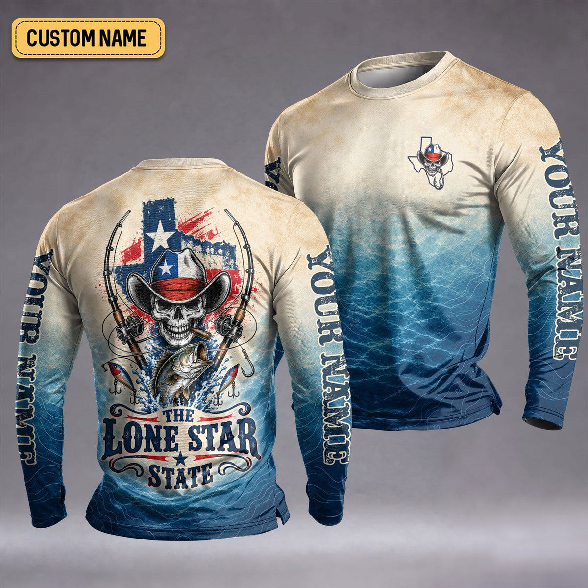 Lone Star State Cowboy Skull Bass Custom UPF Shirt, Bass Fishing Shirt, Mens Fishing Tee