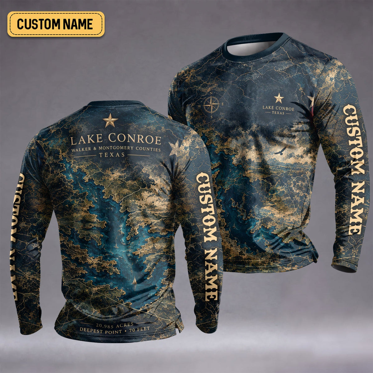 Lake Conroe Texas Map Fishing Custom UPF Shirt, Fishing Sun Shirt, Mens Fishing Apparel