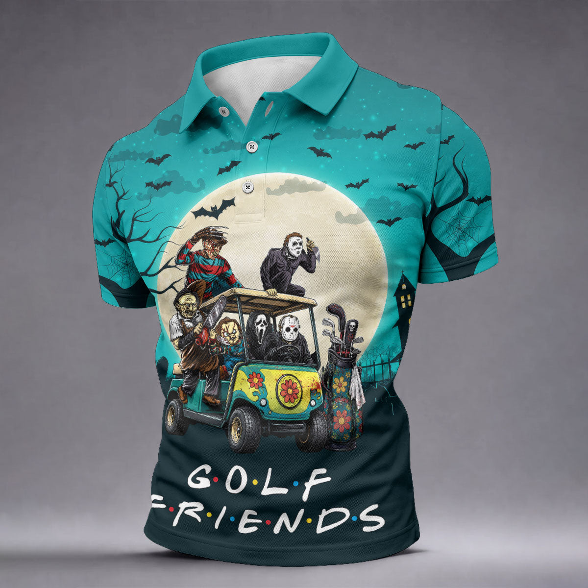 Horror Character Golf Cart Halloween Polo Shirt, Golf Shirts For Men, Halloween Shirt