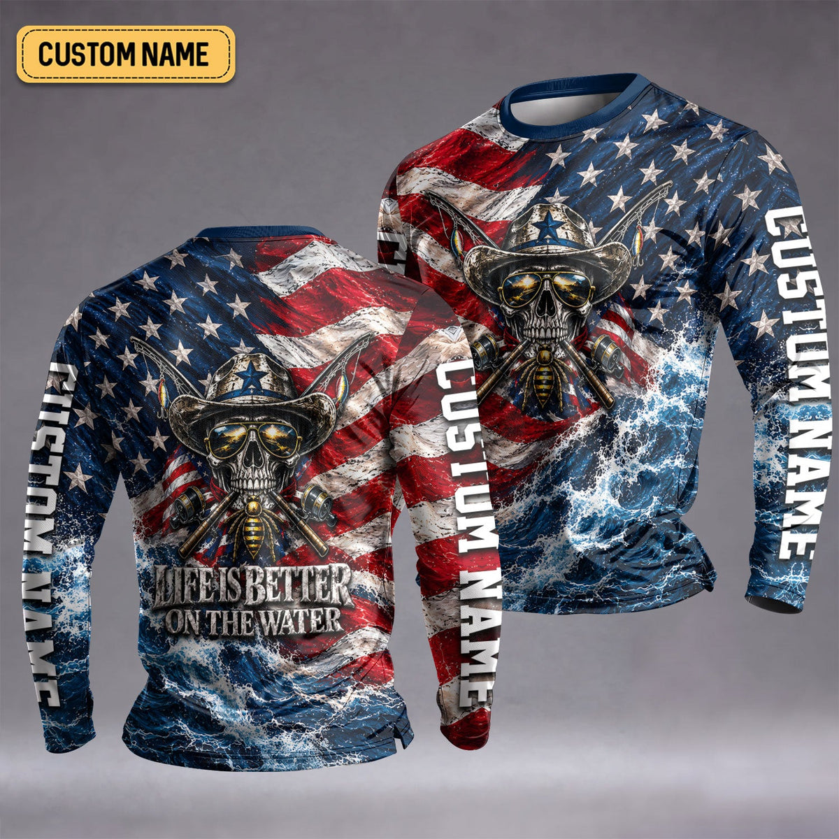 Life Is Better On The Water American Flag Skull Custom UPF Shirt, Fishing Jersey, Mens Fishing Tee