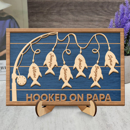 Hooked On Dad Grandpa Wooden Sign, Gift For Father, Custom Name Gift For Fishing, Wood Plaque With Stand