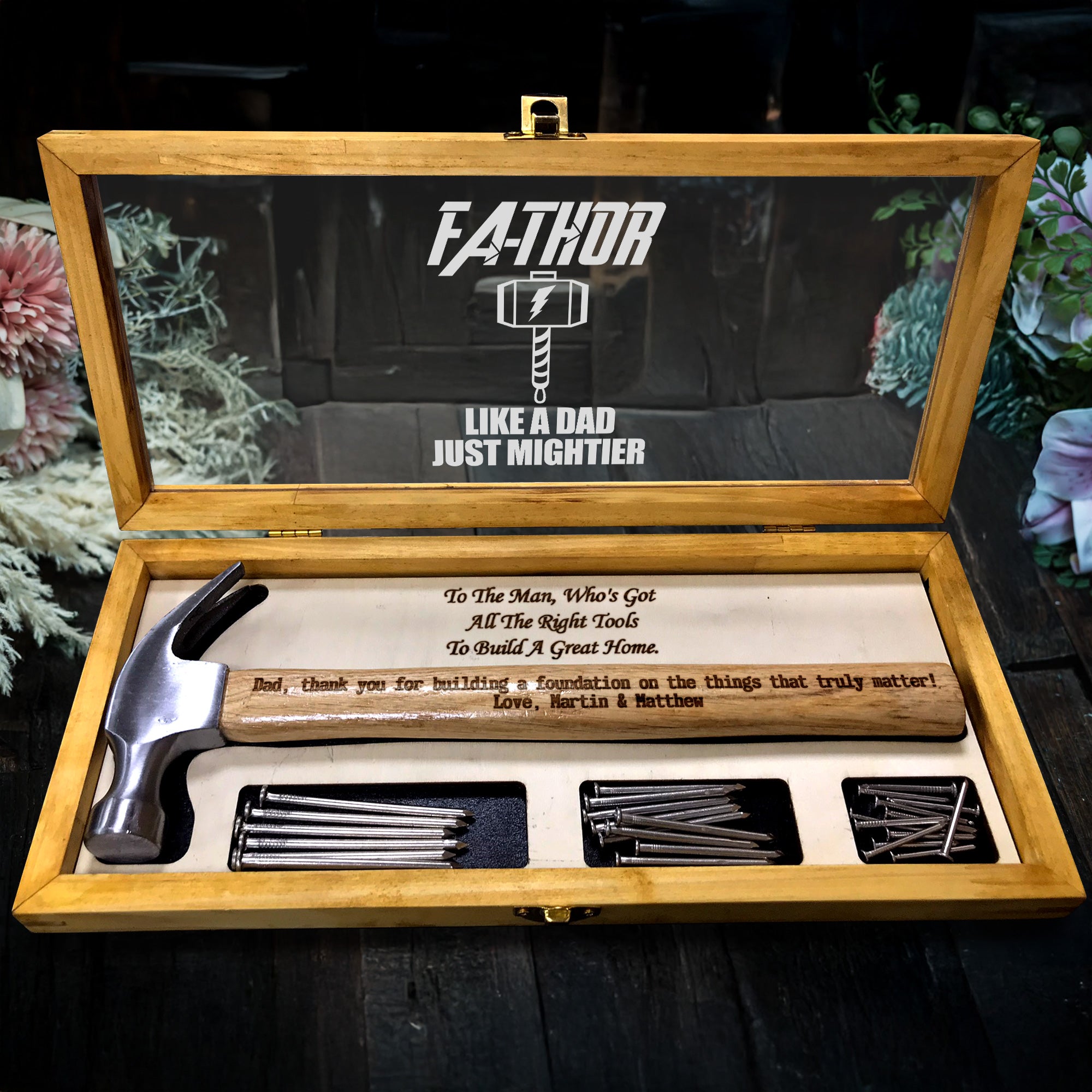 Fathor Like A Dad Just Mighter Wooden Engraved Hammer with Wood Box, Framing Hammer, Father's Day Gift