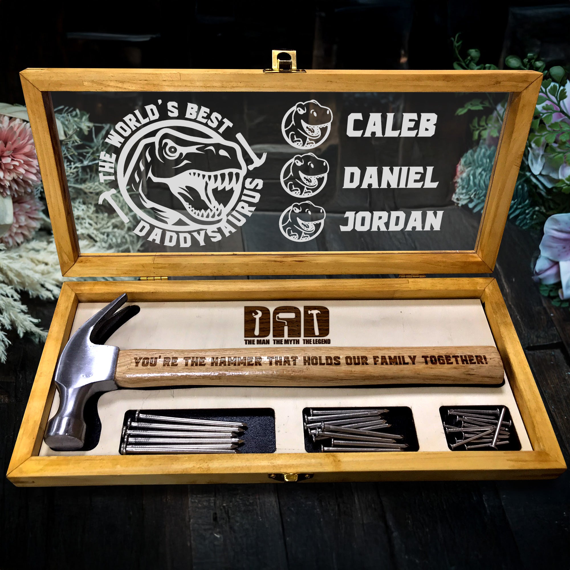 The World's Best Daddy Saurus Wooden Engraved Hammer with Wood Box, Framing Hammer, Father's Day Gift