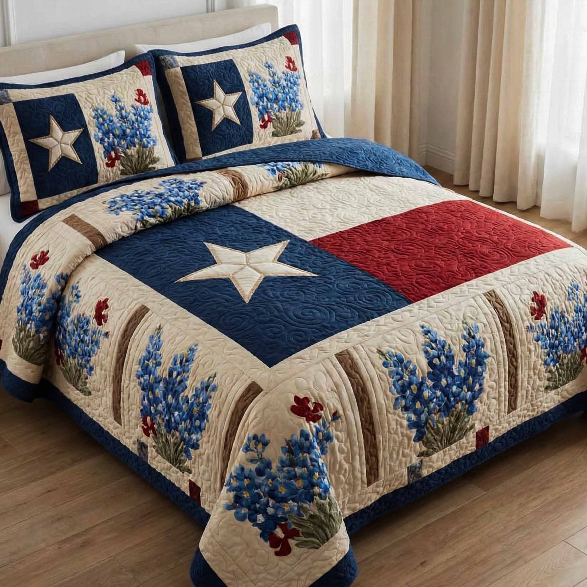 Americana Blue Quilted Bedding Set Lightweight Quilt Set 4th Of July Gift