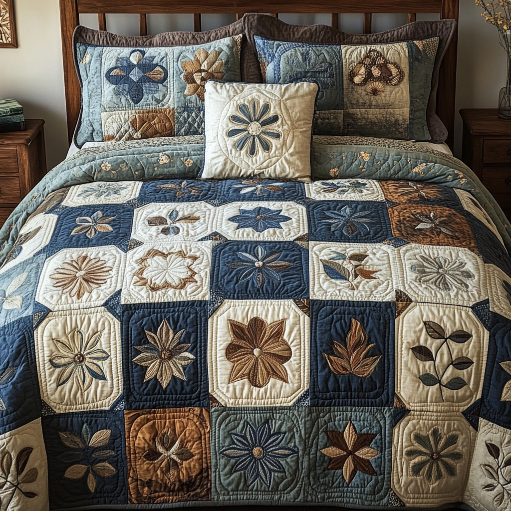 Antique Bloom 3-Piece Quilted Bedding Set Fall Quilt Sets Nature Lover Gift Fall Decor Gift