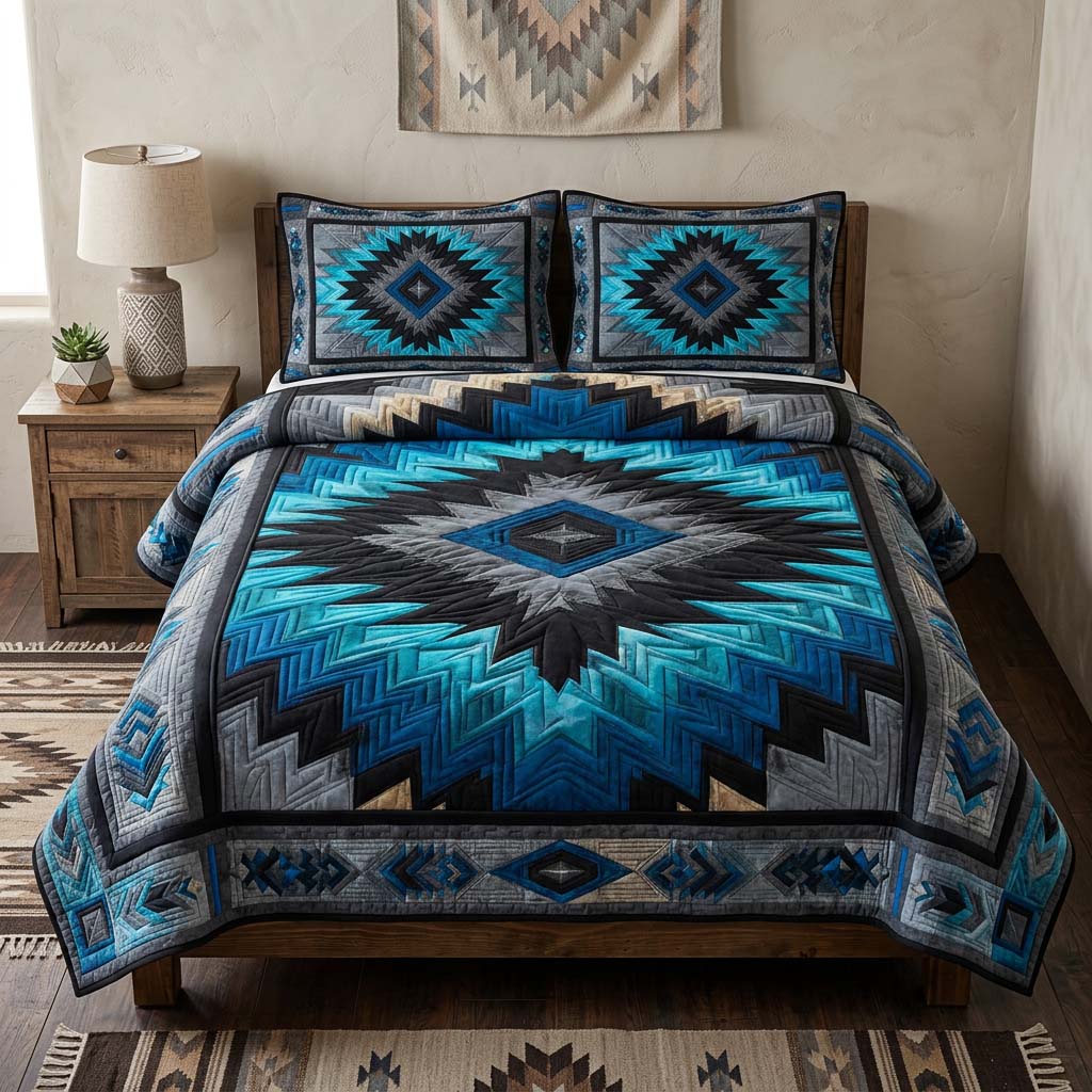 Arctic Blue Star 3-Piece Quilted Bedding Set Quilted Bedspread Mothers Day Gift