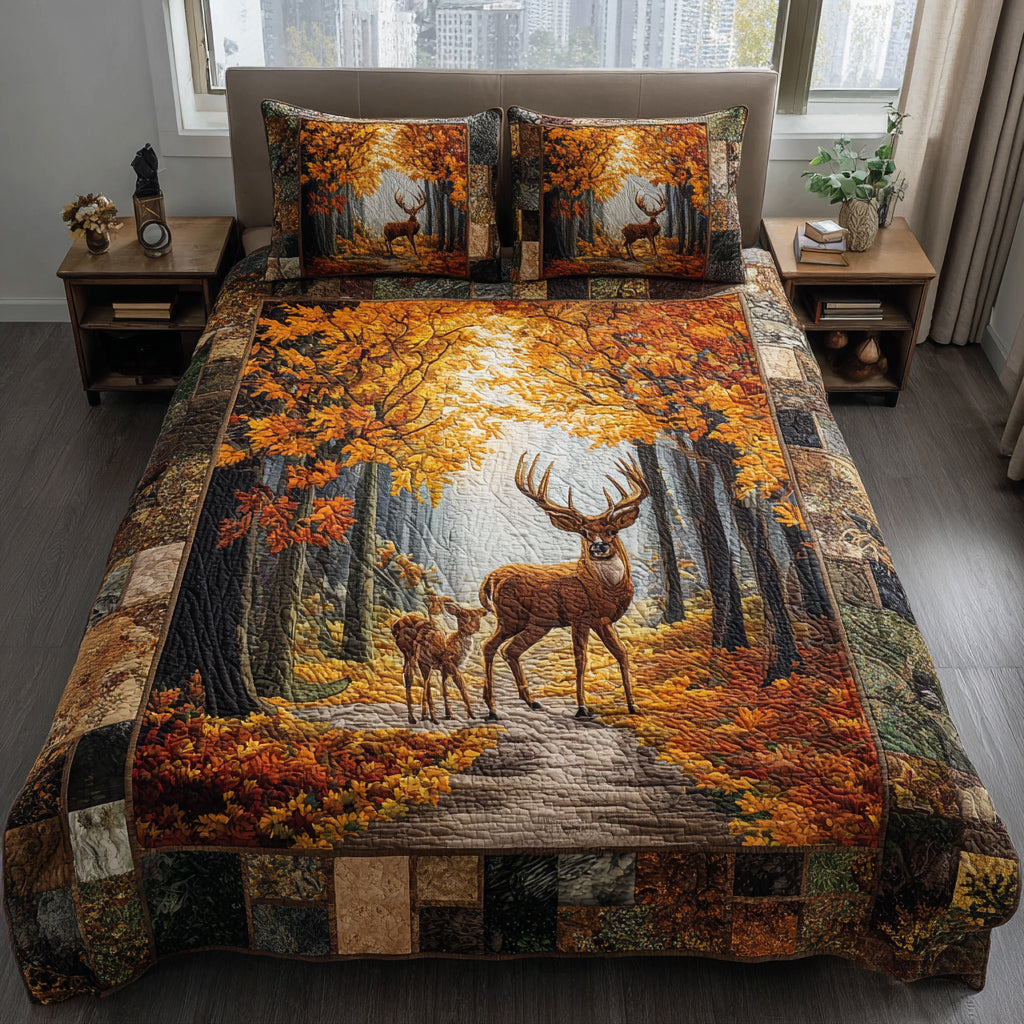 Autumn Deer Trail 3-Piece Quilted Bedding Set Lightweight Quilt Set Nature Lover Gift Fall Decor Gift