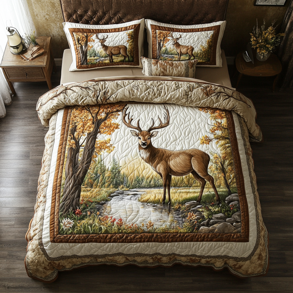 Autumn Stag Quilted Bedding Set Fall Quilt Sets Nature Lover Gift Fall Decor Gift